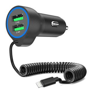 lot 33630 image: Apple MFi Certified USB Car Charger Plug, Aymla Dual Port Coiled Cord Auto Cigarette Lighter Adapter with 5FT Coiled Lightning Cable for iPhone 14 Pro Max14 Plus1413 Pro13 Mini1211XSXR8 - Retail $6