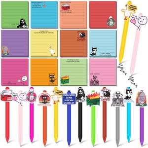 lot 33643 image: Colarr 12 Sets Funny Desk Accessories, 12 Pads Sarcastic Sticky Notes, 12 Cute Pens, 3 x 3 Inches Notepads Memo Pad for Office Supplies Meeting Co-Worker Students School Decor Teacher Gifts (Few Pens Decor Broke Off) - Retail $16
