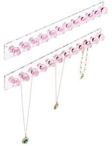 lot 33663 image: Heesch Necklace Holder Pink, Acrylic Necklace Hanger Wall Mount, Hanging Necklace Organizer, Jewelry Hooks for Necklaces, Bracelets, Chains (2-pack Pink) - Retail $14