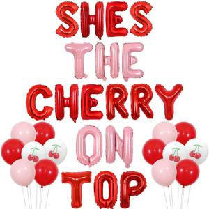 lot 33667 image: Wonmelody Cherry Birthday Decorations Shes The Cherry On Top Balloon Banner Cherry on Top Party Decor Cherry Pattern Balloons Fruit Themed Party Decor for Cherry Bachelorette Engagement Party - Retail $10