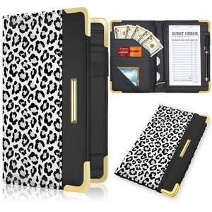 lot 33673 image: YeeCASE Server Book, Waiter Wallet in High Quality Leather, with Money Pocket and Zipper Pouch, Restaurant Waitstaff Organizer Fits Server Apron and Receipt Holder (Leopard-White) - Retail $13