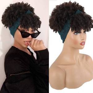 lot 33699 image: Aisaide Headband Wigs for Black Women,Synthetic Short Afro Kinky Curly Wigs Dark Brown Wig with Bangs Wrap 2 in 1 Turban Wig - Retail $23