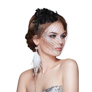 lot 33716 image: Aster 1920s Fascinator Mesh Veil Black Headband Bridal Wedding Tea Party Fascinator Veil for Woman Girl - Retail $14