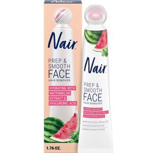 lot 33719 image: NAIR Prep & Smooth Face Exfoliating Depilatory Cream for Women - Effective Hair Removal for Smooth Skin with Hyaluronic Acid, 1.76 oz - Retail $10