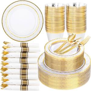 lot 61889 image: Ciaell 350PCS Clear Plastic Plates with Gold Trim for 50 Guests,Includes 100 Plastic Plates, 50 Pre Rolled Napkins with Gold Silverware, 50 Cups, Disposable Dinnerware Set for Wedding & Party - Retail $57