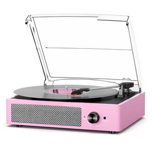 lot 61891 image: Vinyl Record Player with 2 Stereo Speakers Belt-Driven Vintage Turntables 3 Speed 3 Size Wireless Bluetooth Playback AUX-in RCA Out Headphone LP Vinyl Players Auto Stop Pale Pink - Retail $60