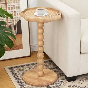 lot 61892 image: FASNAHOK Drink Table, Boho Rattan Flower Small Side Table for Small Spaces, Solid Wood Modern Nightstand for Living Room, Bedroom, Farmhouse, Corners - Retail $60