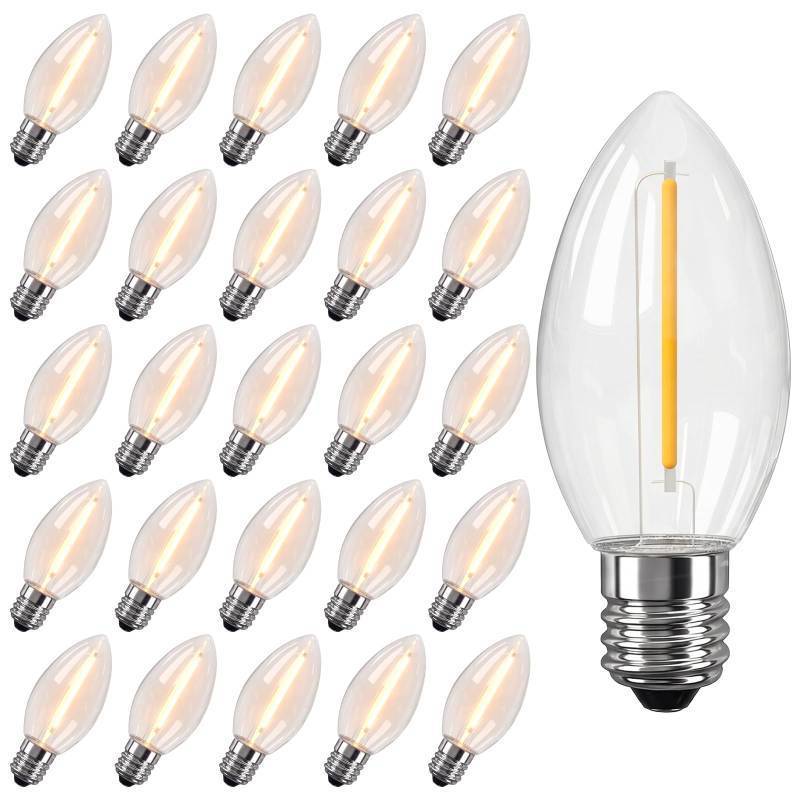 lot 22191 image: Romasaty 25 Pack C9 LED Replacement Christmas Light Bulbs C9 Clear Replacement Bulbs for Outdoor String Lights, C9E17 Candelabra Base, 0.6 Watt - Retail $16