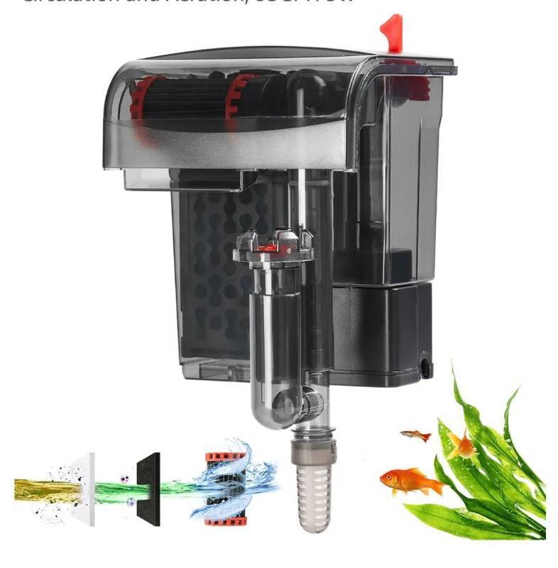 lot 22230 image: Small Fish Tank Filter, Hang On Back Aquarium Filter, Quiet Adjustable Flow Expandable Hose for 10-25 Gal, 3-Stage Filtration System with Surface Skimmer for Circulation and Aeration, 93GPH 5W - Retail $19