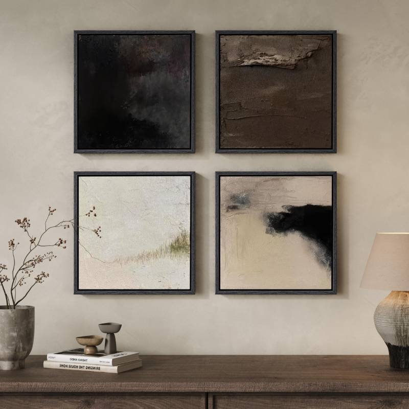 lot 22232 image: Framed Neutral Abstract Wall Art, 4 Piece Modern Minimalist Brown Black Beige Canvas Prints Artwork for Walls, Contemporary Square Earth Tone Wall Decor for Living Room Bedroom Office Entryway, 12x12 - Retail $60