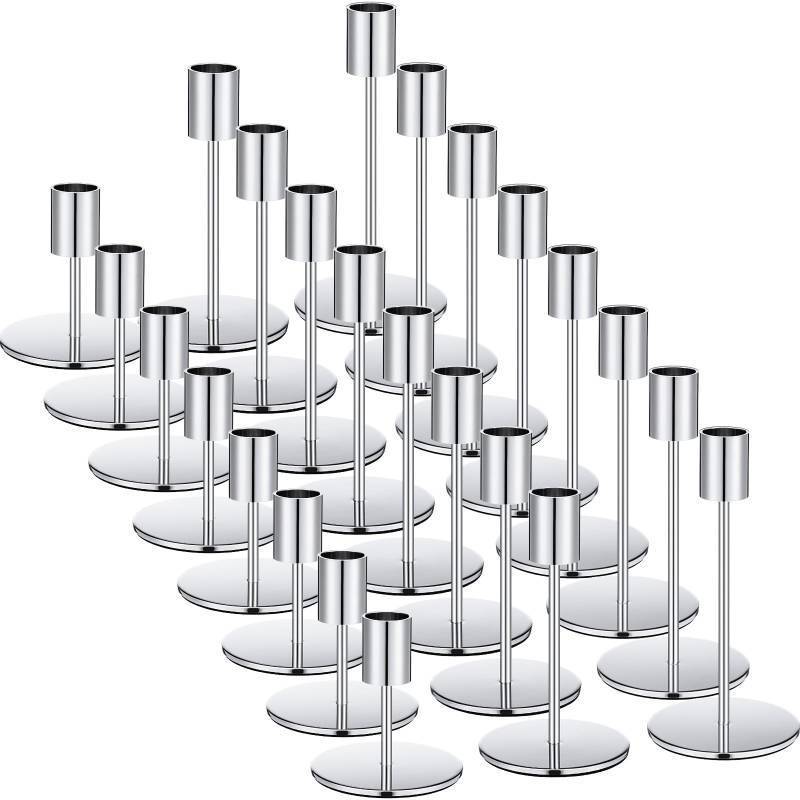 lot 22246 image: Sieral Candle Holders Bulk Taper Candlesticks Holders Set Modern Decorative Metal Candelabras for Wedding Anniversary Home Dinning Table Centerpiece Xmas Party Decor(Silver,24 Pcs) - Retail $66