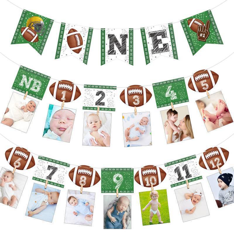 lot 30027 image: VitalCozy Football Birthday Decorations 1st Photo Banner 1st Year Down Banner First Birthday Monthly Photo Decor Football Theme Party Supplies - Retail $9