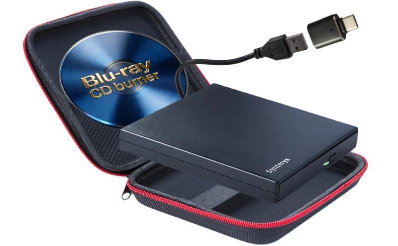 lot 31753 image: Synteryx External Blu-ray Drive, Portable 3D BD-RE Player & DVD Writer for Laptop, Mac, Desktop PC, Windows 1110 - Slim Optical Disc Reader with Blu-ray CD Burner Capabilities - Retail $85