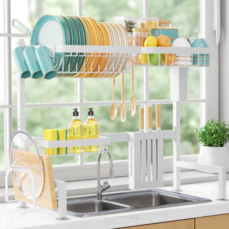 lot 48895 image: Sakugi Over The Sink Dish Drying Rack - Adjustable 2 Tier Large Capacity Stainless Steel Drainer with Cutlery & Utensil Holders, Kitchen Storage & Organization, 30-33.9 L x 11 W x 21.5 H, White - Retail $37