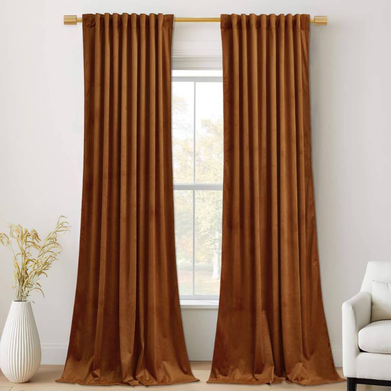 lot 22271 image: StangH 120 inches Long Velvet Curtains, Burnt Orange Blackout Thermal Insulated Drapes for Living Room, Extra Long Thick Back Tab Backdrop Curtains, W52 x L120, 2 Panels - Retail $70