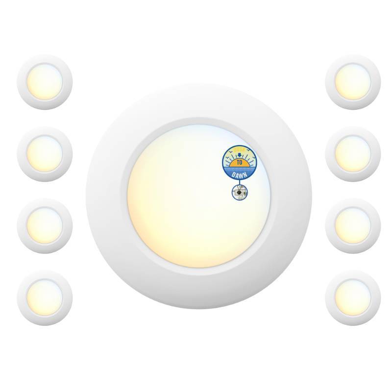 lot 22280 image: JULLISON 6 Inch LED Low Profile Disk Light with Dusk to Dawn Sensor, 120VAC, 15W, 5CCT Color Changing, 1000LM, Non-Dimmable, ETL, Shower Rated Screw in Photocell Ceiling Light, White8 Packs - Retail $80