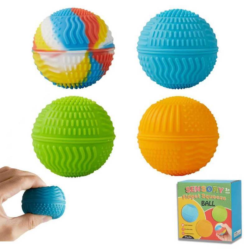lot 31797 image: Sensory Textured Squeeze Stress Balls,4pk Fidget Silicone Stress Ball Toys ,Fidget Classroom Prizes Must Have Sensory Toys,for Kids Adult Holiday Party Favors Autism Sensory Squeeze Toys - Retail $10
