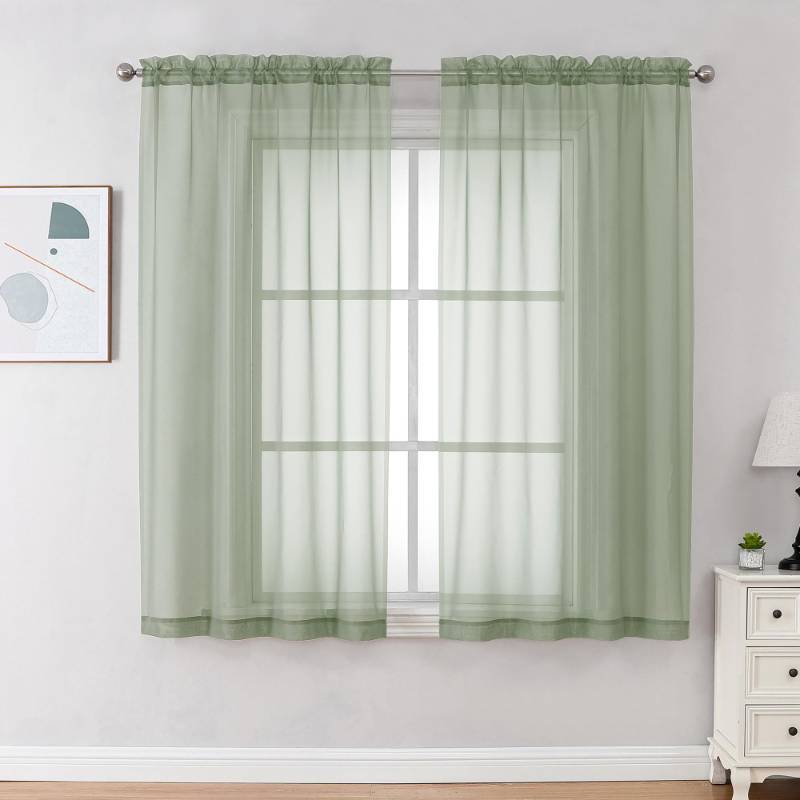lot 31802 image: OVZME Light Green Sheer Curtains 63 inch Length 2 Panels Set for Bedroom Living Room, Elegant Light Filtering Sheer Drapes Window Treatments, Each is 42W x 63L Inches, Sage Green - Retail $12