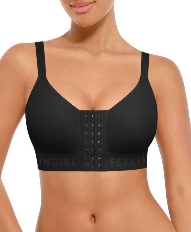 lot 42110 image: FeelinGirl Post Surgery Compression Bra Front Closure Bras for Women Mastectomy with Front Closure Wireless Bra Black M - Retail $25
