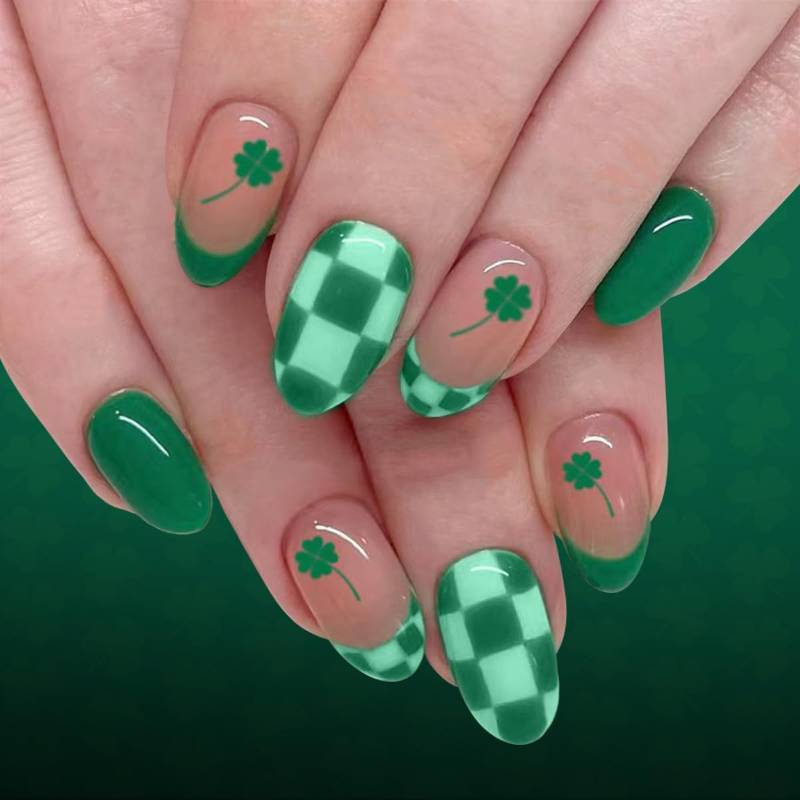 lot 42122 image: St Patricks Day Press on Nails Short Oval Fake Nails Green Nails Press ons with Shamrock,Checker Design,Reusable Artificial Nail Full Cover Stick on Nails for Women Manicure 24Pcs