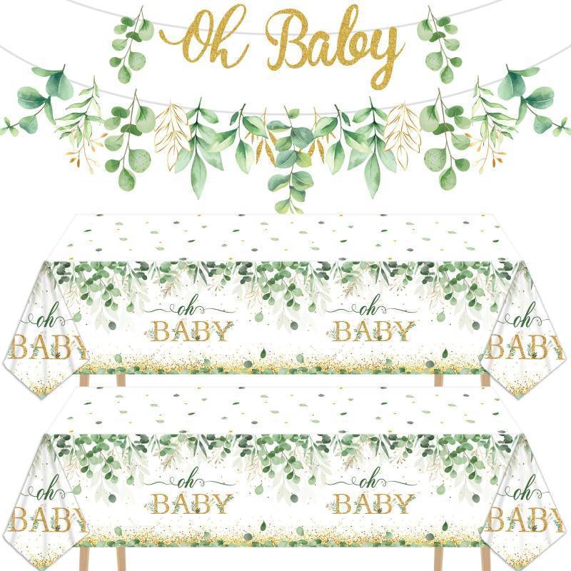 lot 42131 image: Greenery Baby Shower Banner Eucalyptus Leaves Oh Baby Tablecloth for Kids Green Eucalyptus Sign Welcome Oh Baby Table Cover Welcome Baby Shower Eucalyptus Birthday Gender Neutral Party Decoration - Retail $13