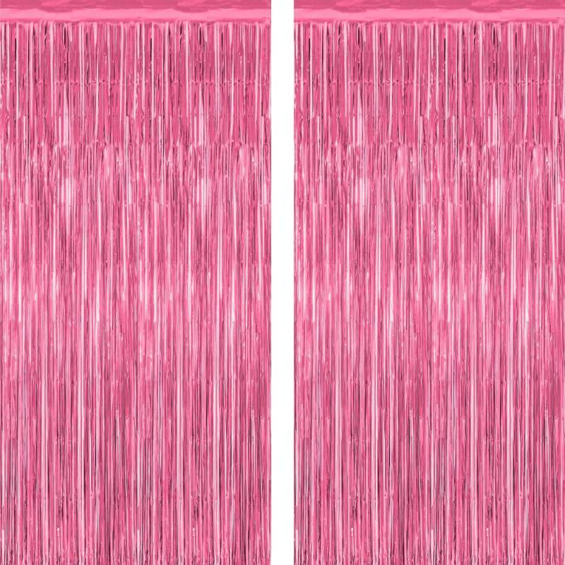 lot 42231 image: 2 Pack Pink Party Decorations, 3.28 FT x 7.05 FT Pink Backdrop, Metallic Tinsel Backdrop Fringe Curtains Backdrop Curtains, Photo Backdrop Party Supplies Birthday Party Decorations - Retail $6