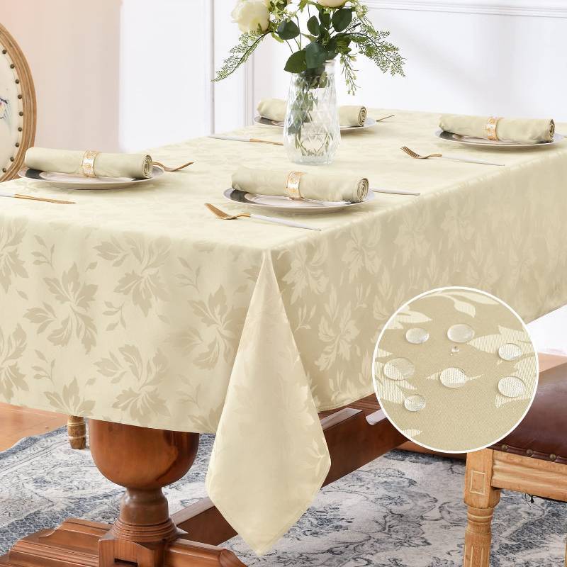 lot 45167 image: Romanstile Spring Jacquard Rectangle Tablecloth - Outdoor Waterproof Damask Floral Pattern Decorative Table Cloths Heavy Weight Fabric Table Covers for DinnerPartiesOutdoor - 60 x 120 Inch, Beige - Retail $26
