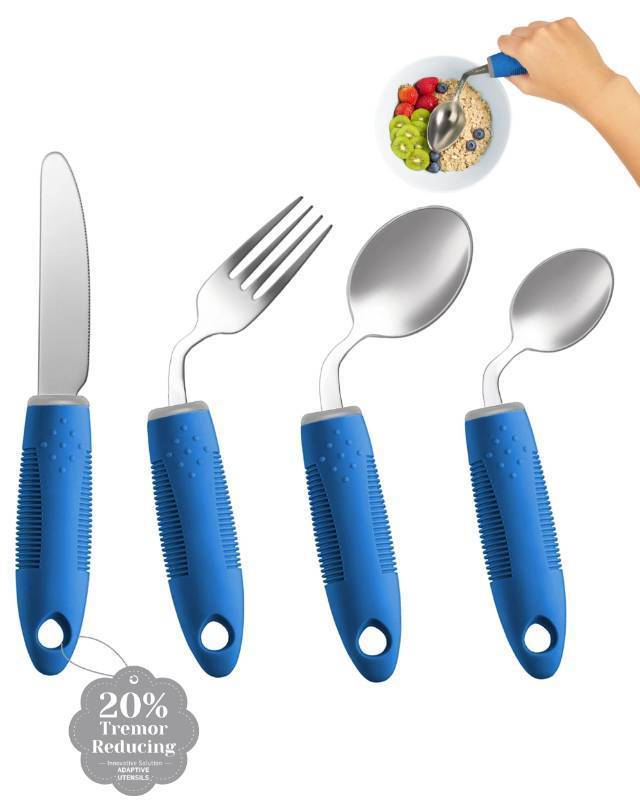 lot 45175 image: BaseSmall 4-Piece Adaptive Utensils Set - 42°Angled Parkinsons Utensils, Weighted Utensils for Tremors and Parkinsons Patients, Blue (Left-Handed) - Retail $26