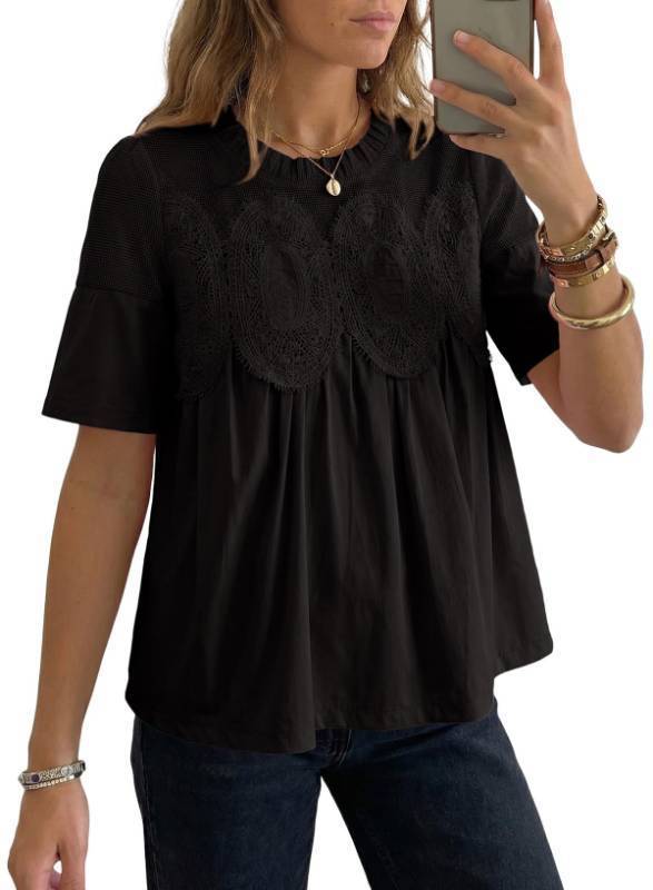 lot 45176 image: Dokotoo Cute Summer Blouses for Women 2026 Round Neck Short Sleeve Flowy Shirts Dressy Tunic Business Casual Outifits Lace Mesh Patchwork Work Shirts Black Large - Retail $25