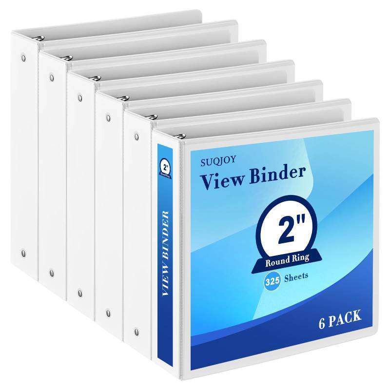 lot 45248 image: 2 Inch 3-Ring Binder, 2 Round Ring Binder with 2 Inside Pockets, 6 Pack White Binders, Clear View Cover, Holds Up to 450 Sheets 8.5 x 11 Paper Durable Binders for OfficeHomeBack to School - Retail $38