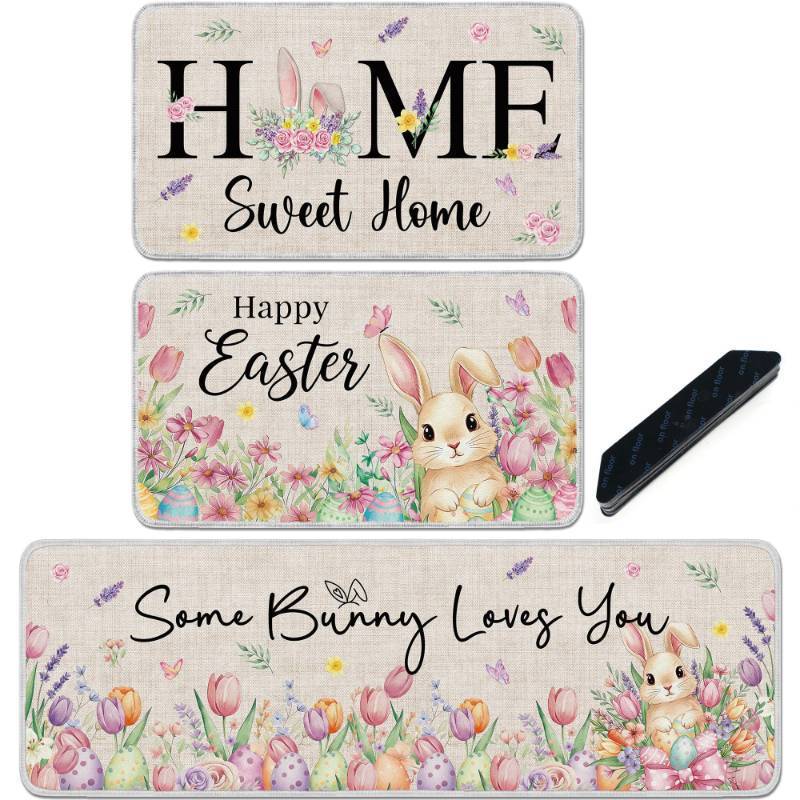 lot 45256 image: Romart 3 Pcs Easter Kitchen Rugs Set, Bunny Floral Sweet Home Runner Rug Set, Easter Bunny Floor Mats for Spring Holiday Home Kitchen Decor, with 12 Pcs Corner Grippers