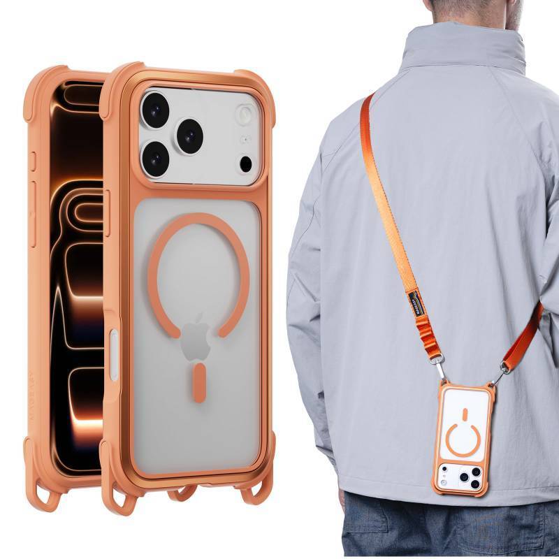 lot 31866 image: MAGEASY Compatible with iPhone 17 Pro Max 6.9 Case with Strap - 20ft Ultimate Drop Protection Compatible with MagSafe, Aluminum Frame  Odyssey Strap M (Coral) - Retail $50