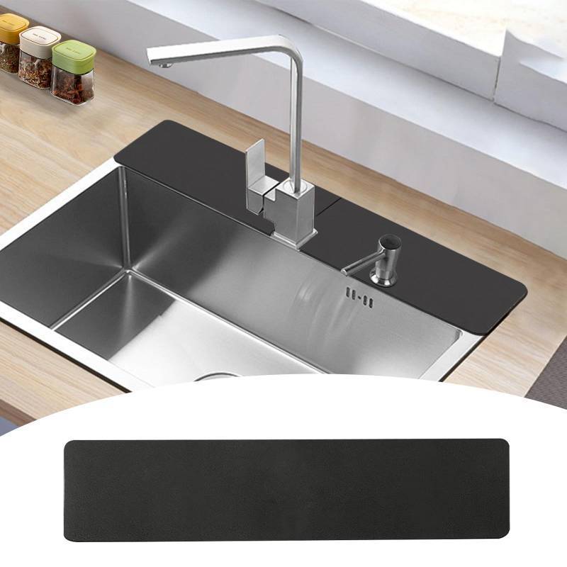 lot 31871 image: Customizable Faucet Mat for Kitchen Sink 30L x 5.5W Quick Drying Kitchen Sink Mat & Bathroom Counter Protector - Cut to Fit with 2 or 3 Hole Faucet Design - Extra Long Absorbent Splash Guard - Retail $10