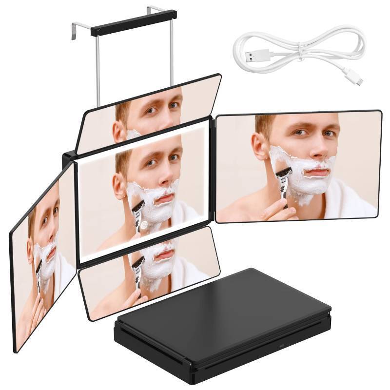 lot 45291 image: OLIBUY 5 Way Mirror, 360 Mirror for Self Hair Cutting and Brading Hair, Clear Anti-Fog HD Glass, USB Rechargeable, Portable Height Adjustable Telescoping Hooks - Retail $40