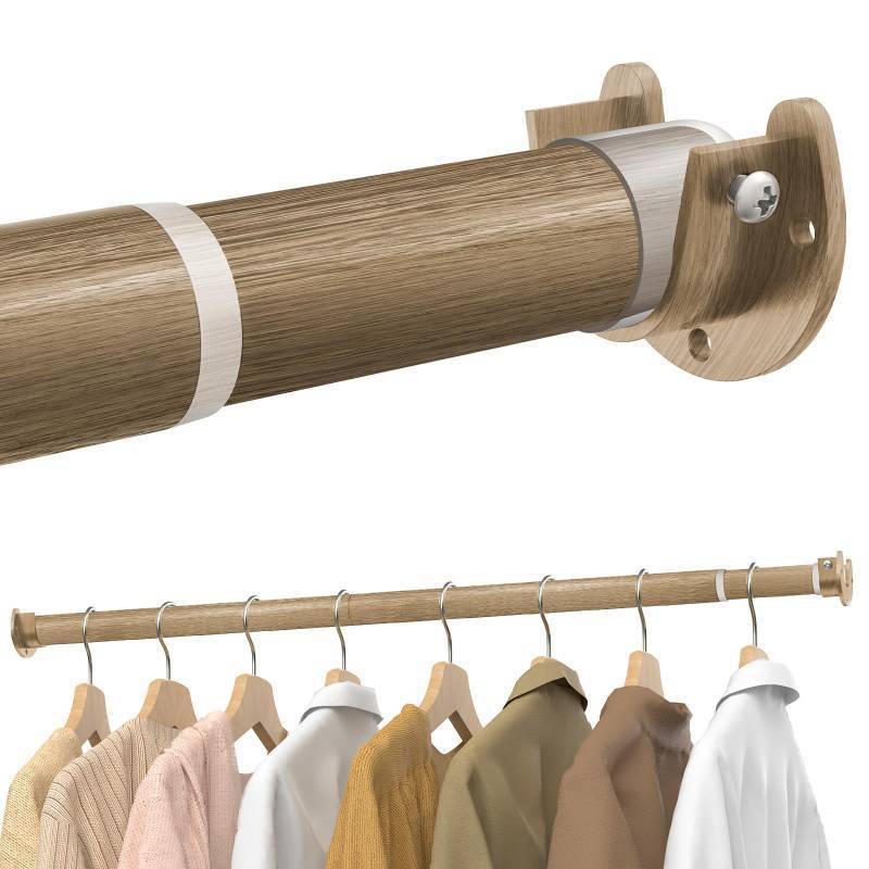 lot 45338 image: Supforce Closet Rods for Hanging Clothes, 17 to 54 Inches Stepless Adjustable Metal Closet Rod, 1.3 Inches Heavy Duty Clothes Hanging Rod for Closet Wardrobes Laundry RV(Wood Grain) - Retail $19
