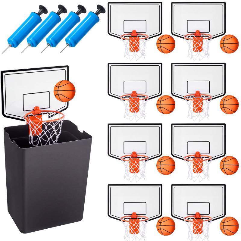 lot 45364 image: Liliful 8 Pack Indoor Trash Can Basketball Set, Including 8 Clip on Hoop with Backboard, 8 Inflatable Ball and 4 Pump, Fun Indoor Basketball Game Office Stress Relief Toy Funny Birthday Gifts - Retail $42