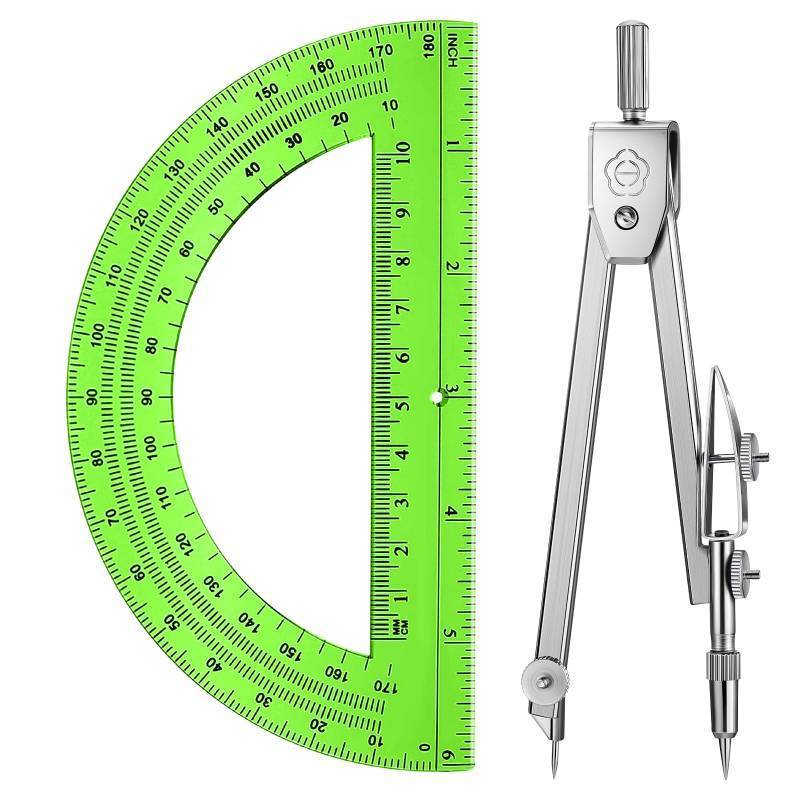 lot 31914 image: EBOOT Student Geometry Math Set, Drawing Compass and 6 Inch Swing Arm Protractor 180 Degree Math Protractor(Green) - Retail $6