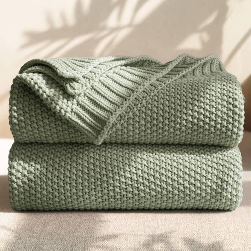 lot 32748 image: Blunique 100% Cotton Cable Knit Throw Blanket, Lightweight Soft Knit Blanket for Sofa Couch Bed, Breathable All-Season Throw, Cozy Decorative Blanket, 50 x 60 Inch,Sage - Retail $43