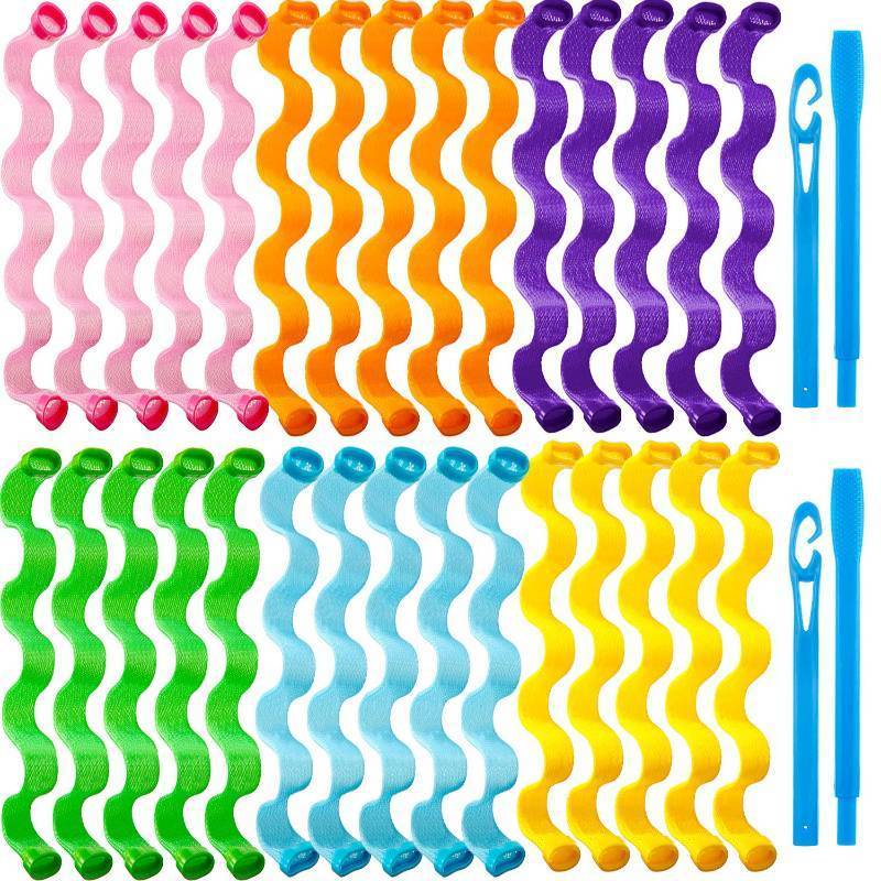 lot 45403 image: Pieces Heatless Waves Curlers Spiral Curls Styling Kit No Heat Hair Waver Spiral Curlers Rollers with 2 Pieces Styling Hooks for Most Hairstyles (25 cm) - Retail $10