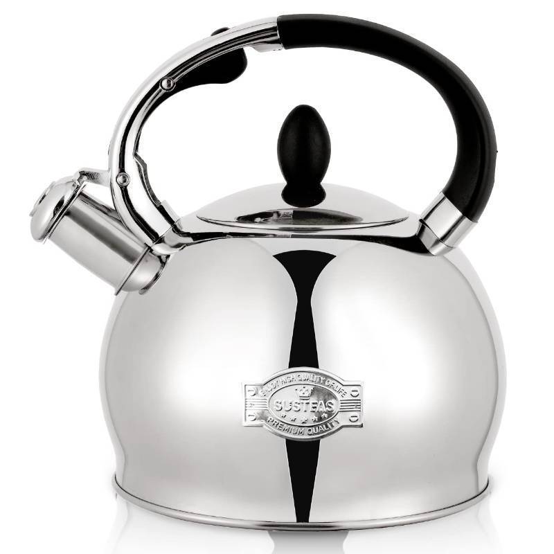 lot 45439 image: SUSTEAS Stove Top Whistling Tea Kettle - Food Grade Stainless Steel Teakettle Teapot with Cool Touch Ergonomic Handle, With 1 Silicone Pinch Mitt Included,2.64 Quart(SILVER) - Retail $34