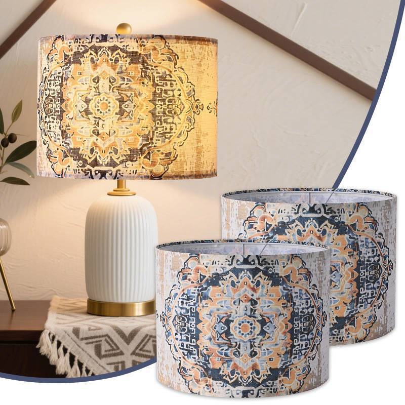 lot 45440 image: PEESIN Fabric Round Drum Lamp Shades, 13x13x10in Moroccan Trellis Lamp Shades, Boho Lampshade Fit Spider and Uno, Farmhouse Lamp Shades Set of 2 for floor lamps, Rustic Lamp Shade for Table Lamps - Retail $40