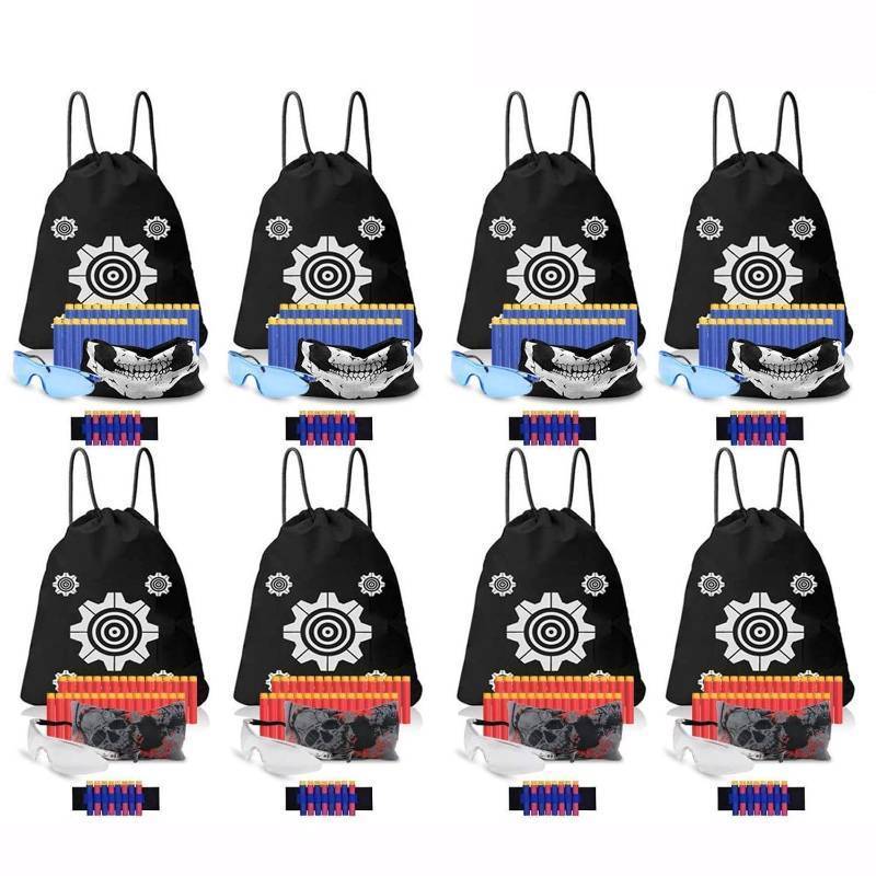 lot 45443 image: POKONBOY Compatible with Nerf Party Supplies for Kids - Accessories for Blaster Gun Toy Birthday Party Favors, Includes Darts Wristbands Tactical Face Mask and Safety Glasses for Two Teams - Retail $22