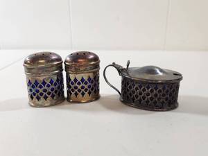 lot 93 image: Vintage Silver Plated Salt Pepper Shakers and Mustard Pot Set with Cobalt Blue Glass Liners