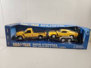 lot 100 image: Road & Track Die Cast Pickup Truck with Car Hauler Trailer Set