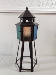 lot 226 image: Metal Decorative Lantern with Colored Glass Panels and Stand