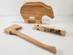 lot 236 image: Wooden Train Whistle, Bear Napkin Holder & The Gilwell Wooden Axe