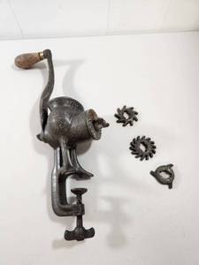 lot 239 image: Cast Iron Meat Grinder with Wooden Handle and Cutting Plates