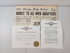 lot 242 image: 1938 Chicago Daily Tribune WPA Grafters Historic Newspaper with Certificate