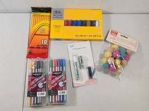 lot 308 image: Mixed Art Supply Bundle - Acrylic Paint, Pencils, Markers, Pens, and Felt Garland
