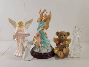 lot 321 image: Angel Figurine Collection with Teddy Bear and Glass Angel